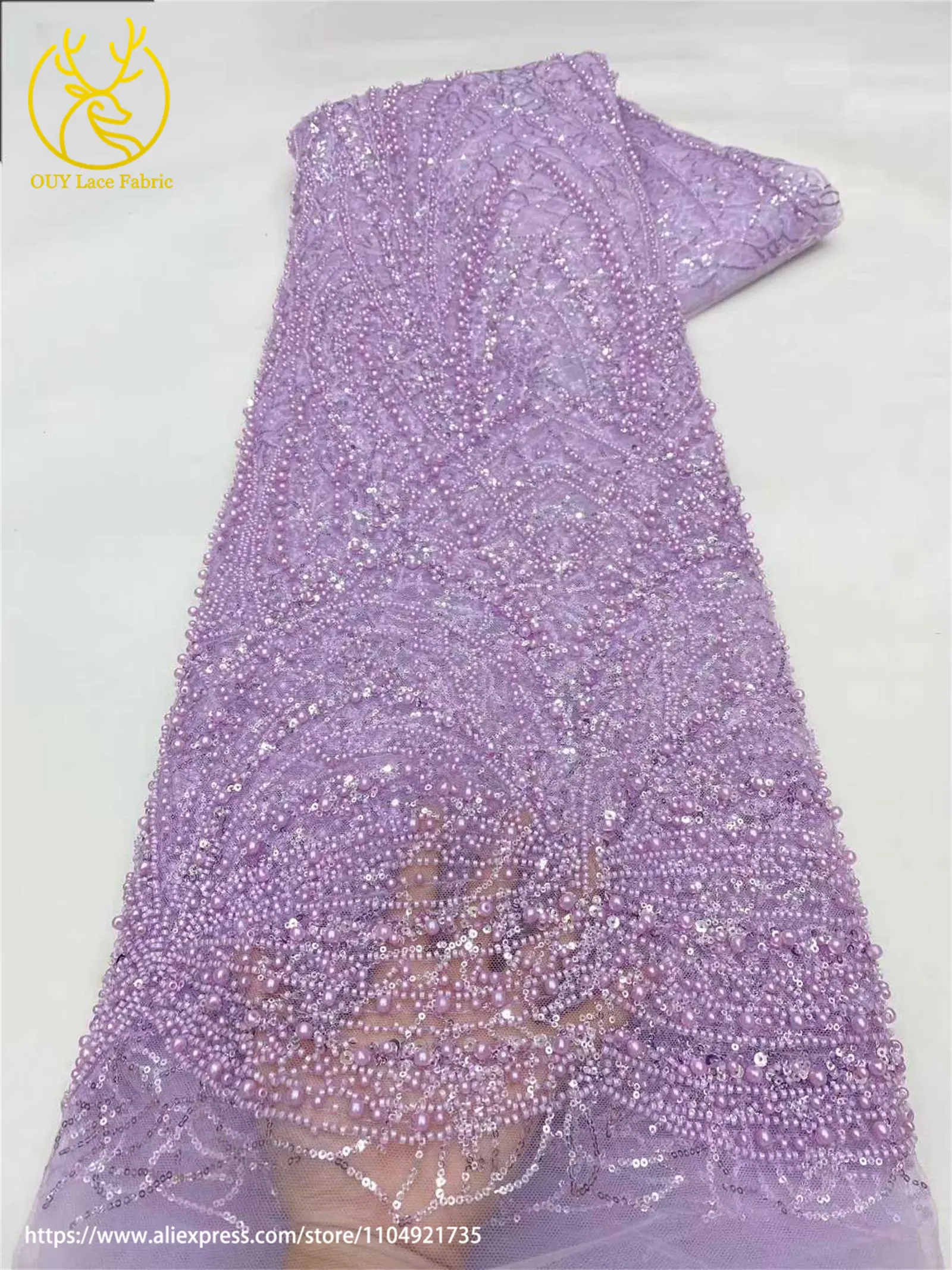Wunderschöner Modischer Afrikanischer Nigerianischer Perlen-Spitzenstoff 2026 Rosa Französischer Pailletten-Spitzenstoff zum Nähen von Hochzeits- und Partykleidern – Detail 6