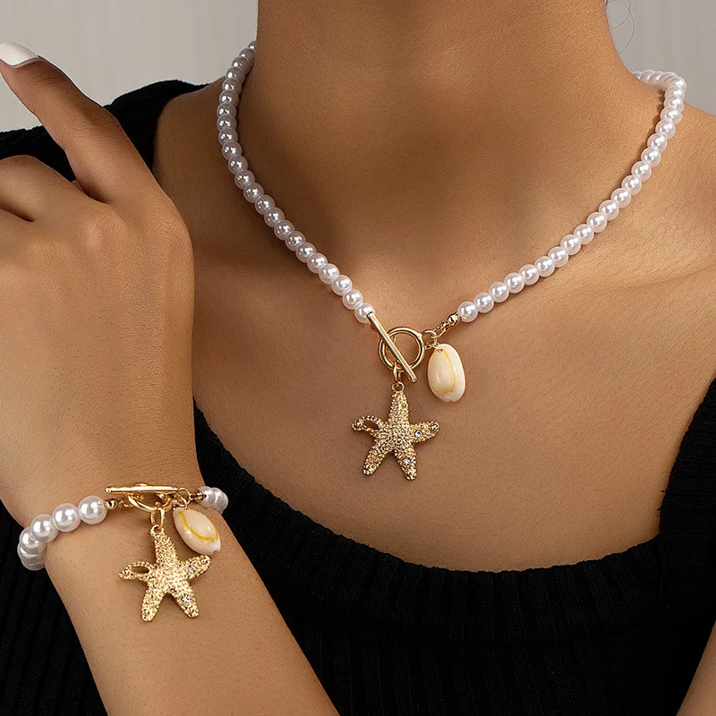 

Classic White Pearl Necklace Bracelet Metallic Starfish Shell Necklace Bracelet for Women Seaside Vacation Jewelry Gift Set