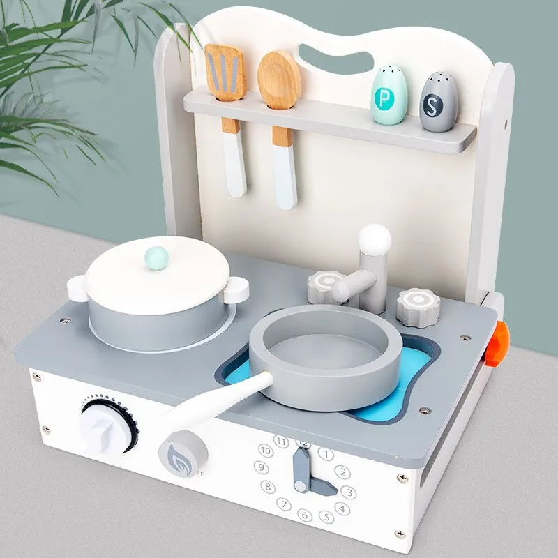 Drewniany zestaw kuchenny dla dzieci - miniaturowa kuchenka z warzywami do krojenia i garnkami, zabawka do udawania.