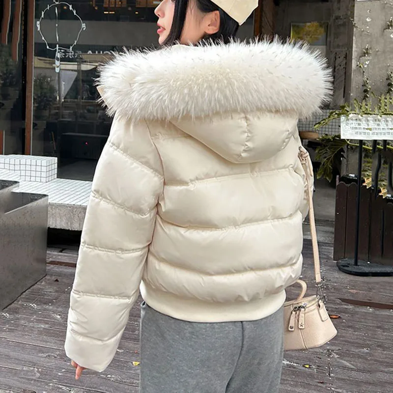 Faux Fur Collar Hooded Short Cotton Jacket Women Retro Dowon Cotton Padded Parkas Winter Thicken Warm Puffer Bubble Outerwear