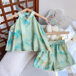 Humor Bear Girls Clothes Set  Summer Chinese style A sleeveless halter Top + Shorts 2pcs Cute Party Outfits Kids Clothes