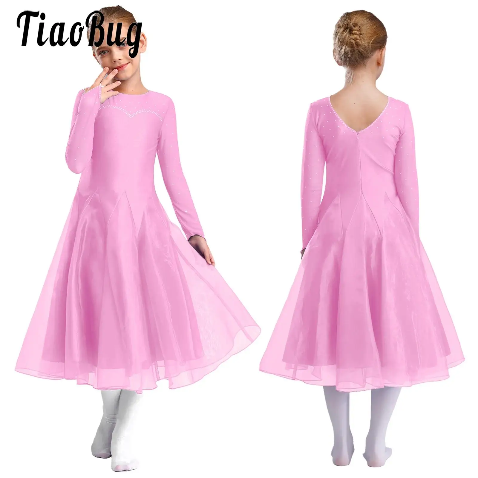 

Kids Girls Flamenco Dance Performance Costume Lyrical Ballroom Tango Maxi Dress Sheer Mesh Long Sleeve Wide Hemline Flared Dress