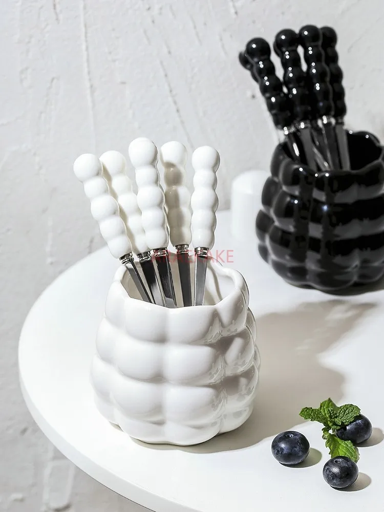 Ceramic household stainless steel fruit skewers, snacks, forks, desserts, cake inserts, light luxury cans, high-end set