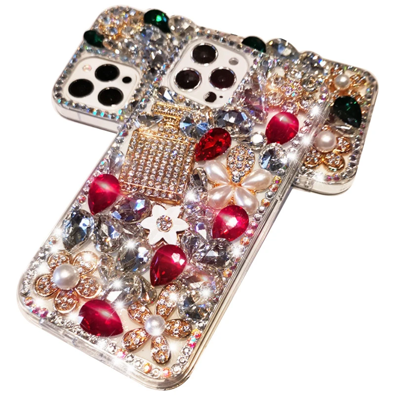 Rhinestone Perfume Case Satchel for Girls, Bling, Sparkle Jewel, Phone Cases for Samsung S24, S21, S22, 23Ultra, Note20, Pretty