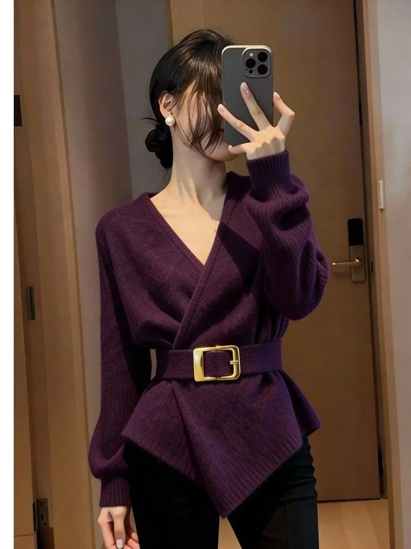 

Off-oulder V-Ne Women's Knitwear Purple Asymmetrical Hem Design Spring Season Tied Waist Unique Sle Sweater