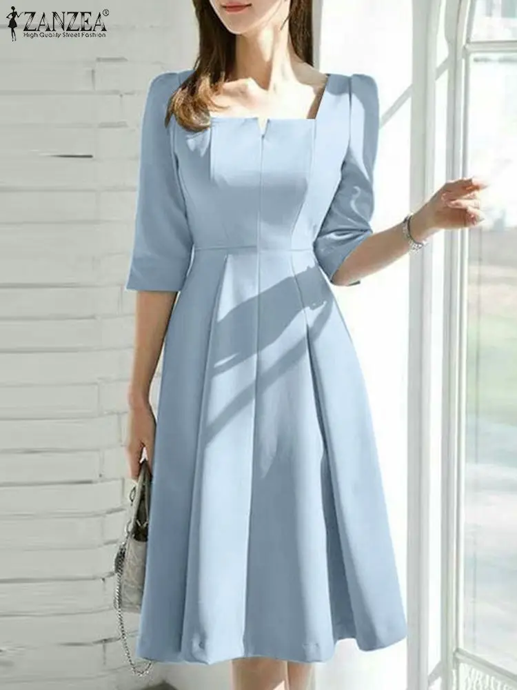 2024 ZANZEA Casual Party Dress Women Elegant A-Line Sundress Summer Half Sleeve Square Collar Vestidos Holiday Fashion Midi Robe