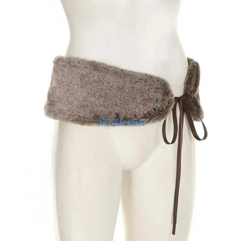 

T21F Retro Waistband for Women Elegant Furred Belt with Tie Luxurious Maillard Color