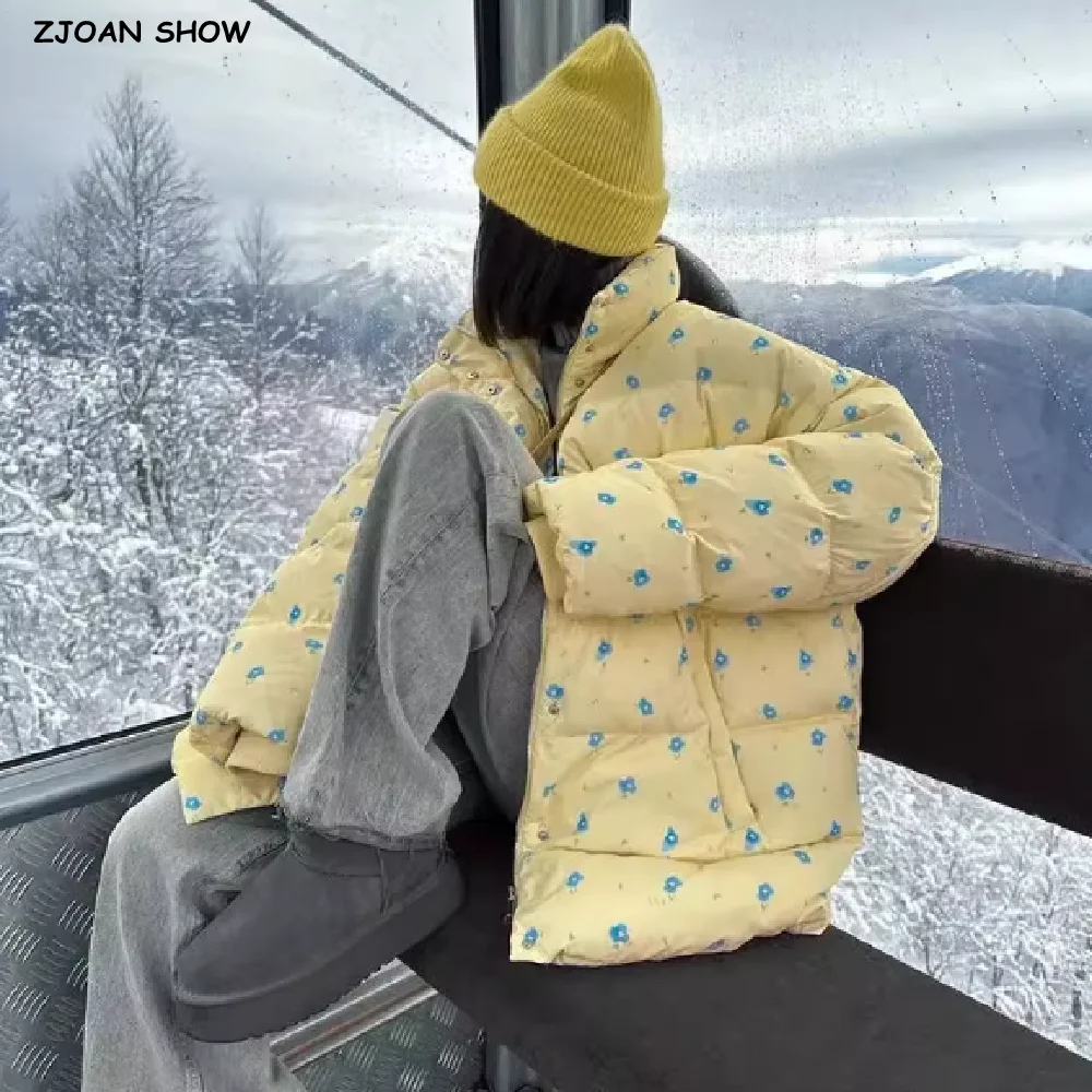 New Winter Fashion Women Flower Print Front Zipper Bread Parka Coat for Woman Removable Hat Hooded Long Sleeve Loose Outerwear