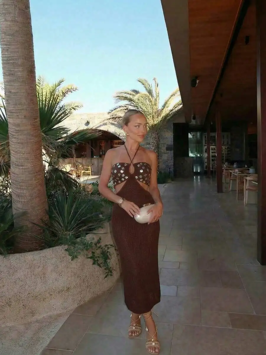 

Womens Bohemian Sequin Lace-Up Spaghetti Strap Backless Maxi Dress Sleeveless Hollow Waist Bodycon Beach Vacation Dress