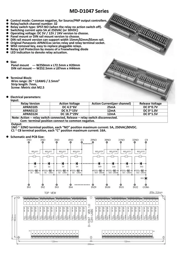 CZH-LABS Slim DIN Rail Mount DC5V Source/PNP 32 SPST-NO 5A Power Relay Module, APAN3105