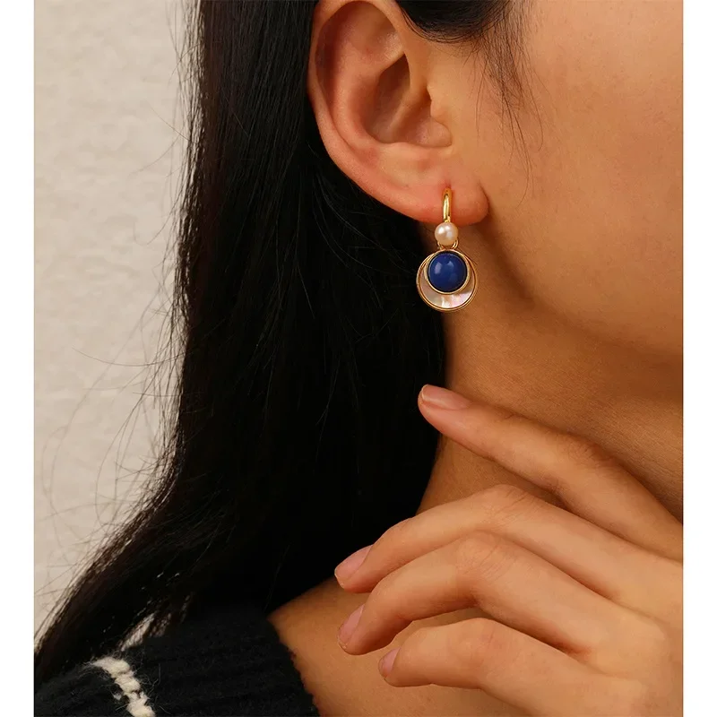 

Retro Blue Natural Shell Earrings Pearl Earrings For Women 2024 New Fashion Jewelry Girl Gift