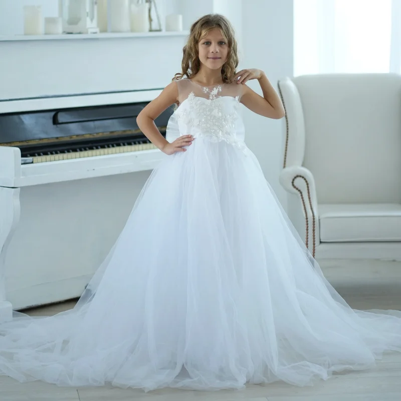 Robes de demoiselle d'honneur en tulle blanc, appliques gonflées avec nœud en fibre pour mariage, fête d'anniversaire, robe de première communion