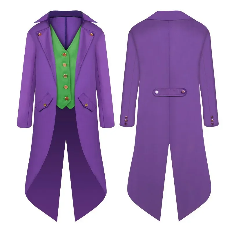 Medieval Joker Cosplay Costume Punk Retro Tuxedo Men Purple Coat Trench Halloween Party Dress Up Clothes