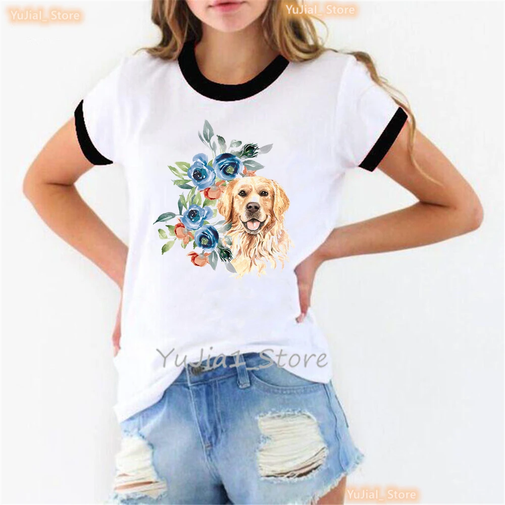 

2024 Pitbulls Love Blue Floral Dog Print T Shirt Girls Yorkshire Terrier/Golden Retriever Tshirt Women Summer Kawaii Dog T-Shirt