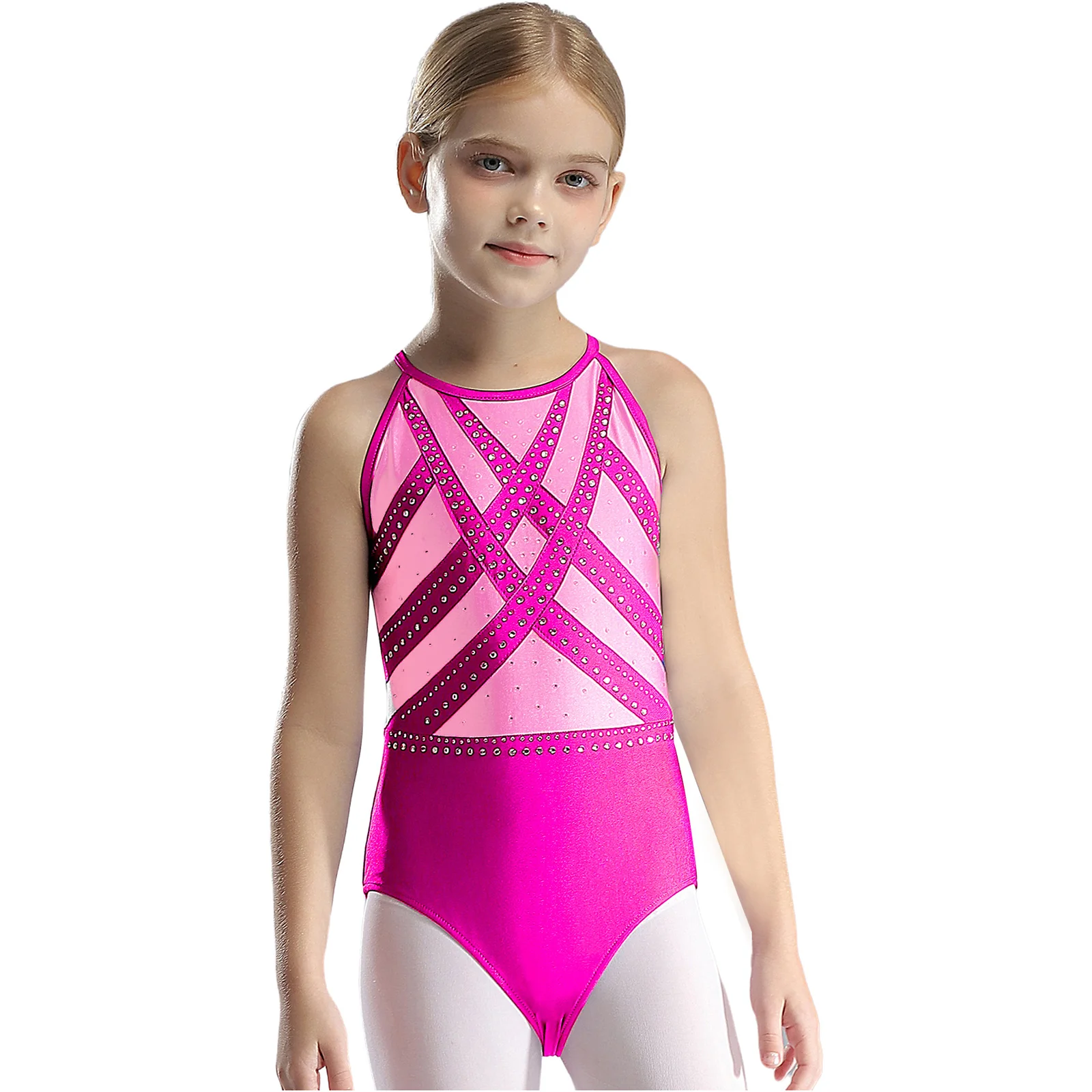 Kids Girls Glittery Rhinestones Ballet Jersey Unitards Gymnastics Leotard Bodysuit Figure Skating Dance Performance Costume