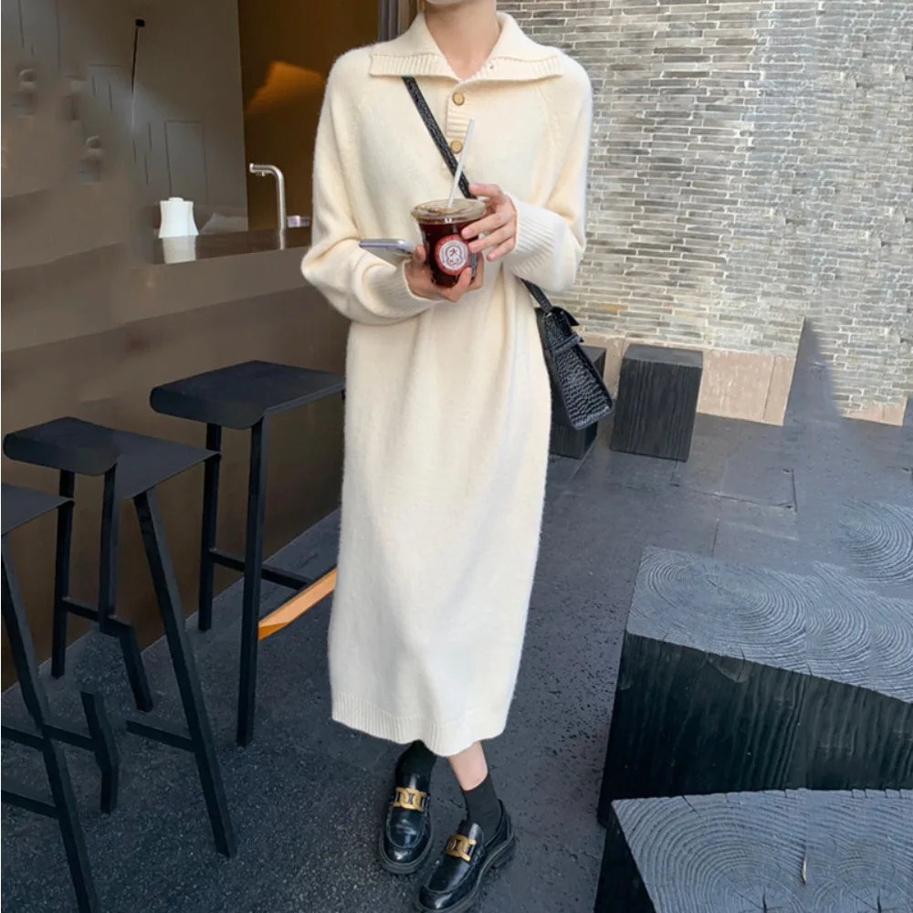 

Autumn Winter New Elegant Knit Dress Women Button Lapel Loose Long Fashion Pullover Sweater Dress