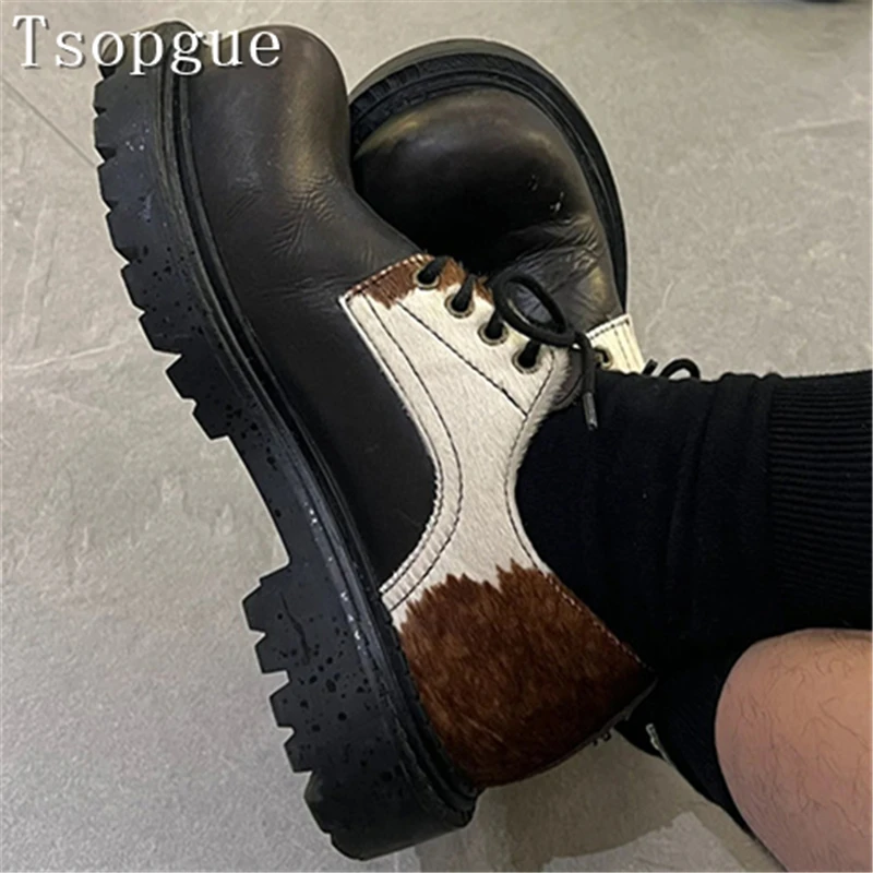 Big Toe Leather Fur Patchwork Casual Shoes Couple Style New Fashion Thick Sole Mandarin Duck Wave Dot Lace Up Single Shoes