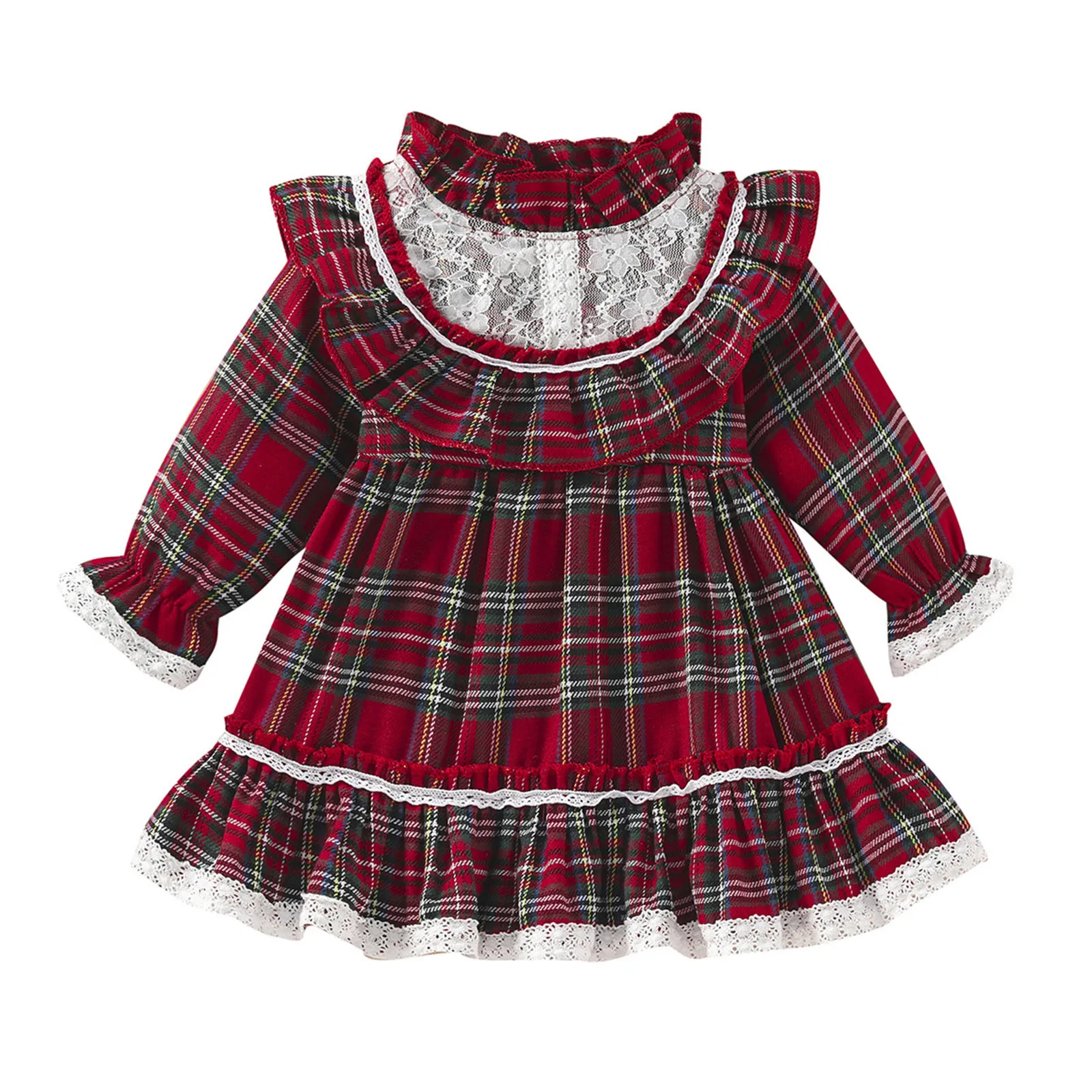 Toddler Girls Christmas Long Sleeve Lace Plaid Prints Princess Dress Xmas Party Ruffles Dresses Girl Leotard Dress