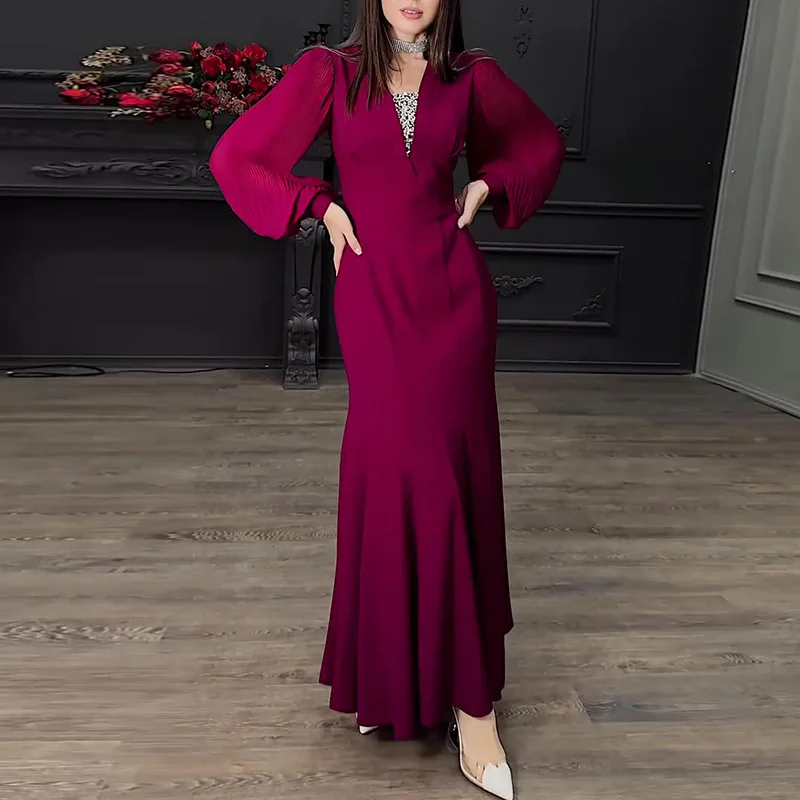 Vestido elegante de fiesta trompeta con lentejuelas y cuello en V para mujer, vestido largo plisado de cintura alta liso de primavera, vestido largo acampanado con mangas abullonadas de otoño