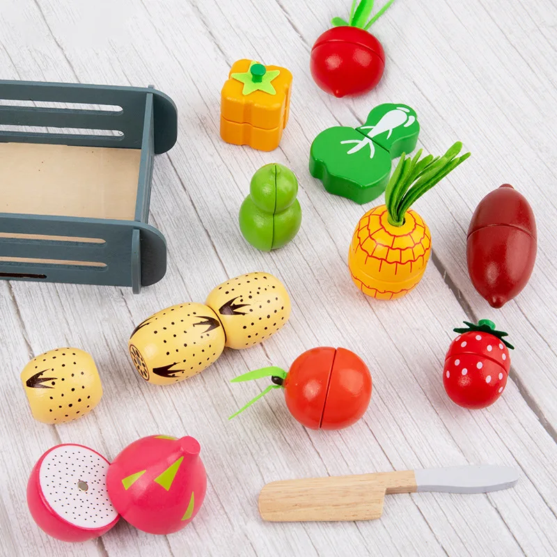 Kitchen Cecile Children's Educational Power Early Education Vegetables and Fruits Set Simulation Wooden Play House Toys