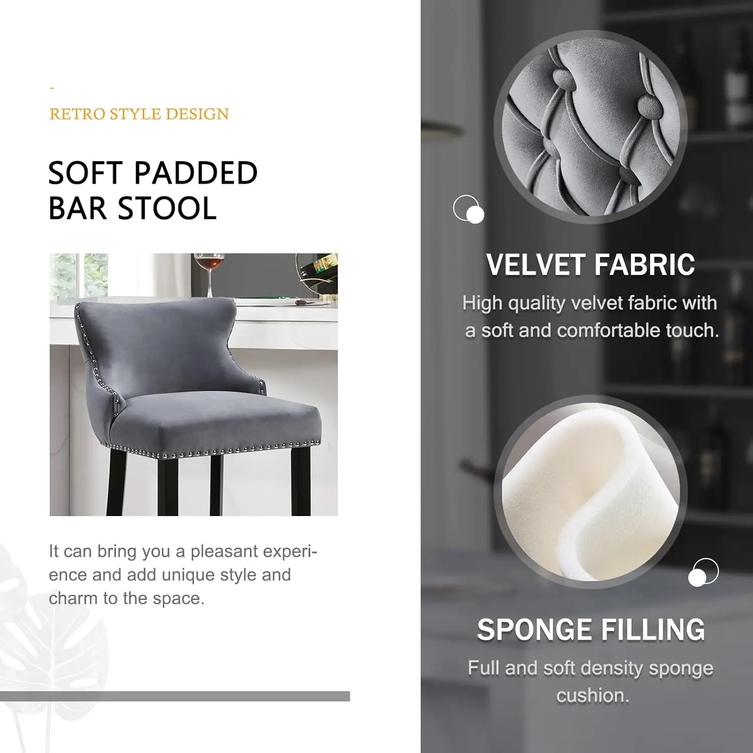 مجموعة من 4 مقاعد بارتفاع مخملية معنقدة مع مسند ظهر ومقاعد خشبية منجدة لجزيرة المطبخ وتناول الطعام والمقهى وP