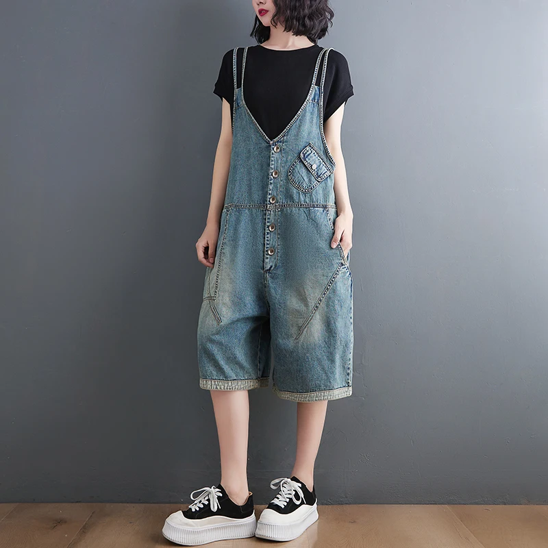 Loose Big Size Wide Leg Denim Overalls For Women Casual Oversized Summer Short Jumpsuits Baggy Bib Pants Straps Jeans Dungarees