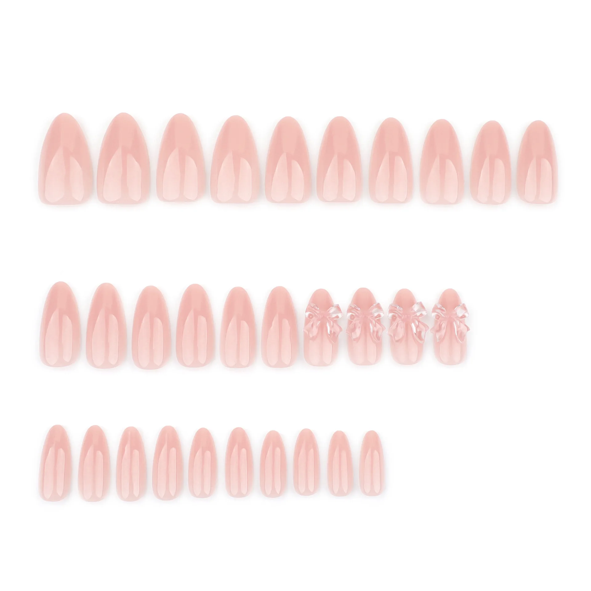 24pcs Nude Pink Almond False Nails Glossy Bowkots Decor Press On Nails Full Cover Short Round Sweet Korean Style Fake Nail Tips