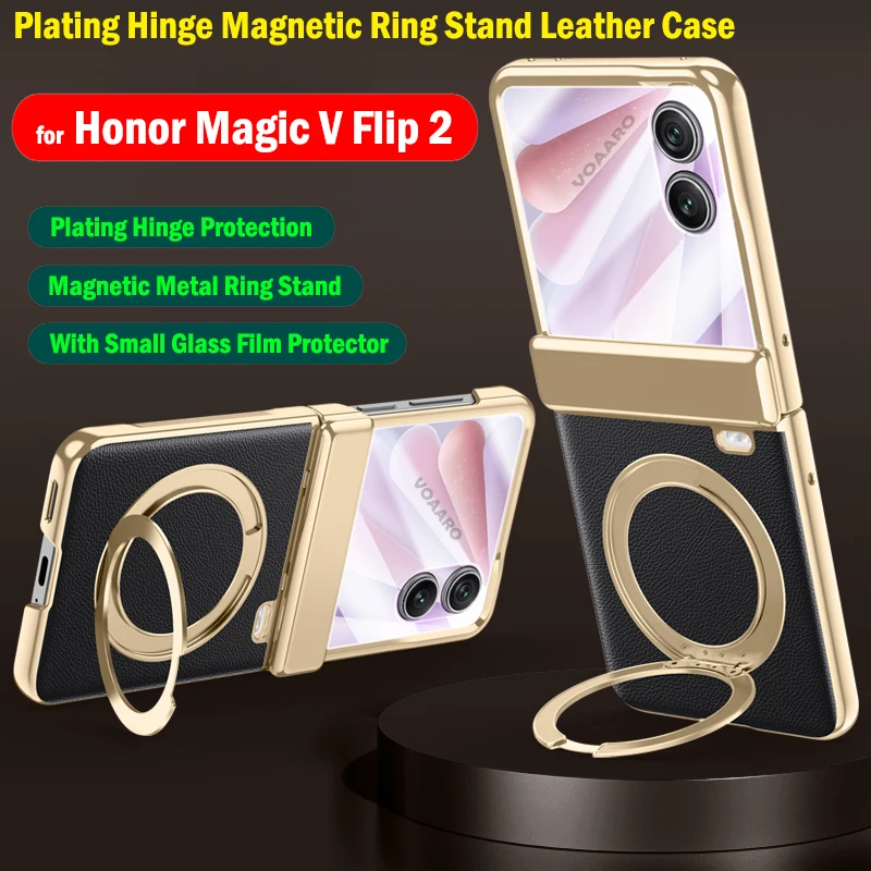 

Rotate Magnetic Ring Stand Funda for Honor Magic V Flip 2 Case Plating Hinge Full Protection Leather Cover with Small Glass Film