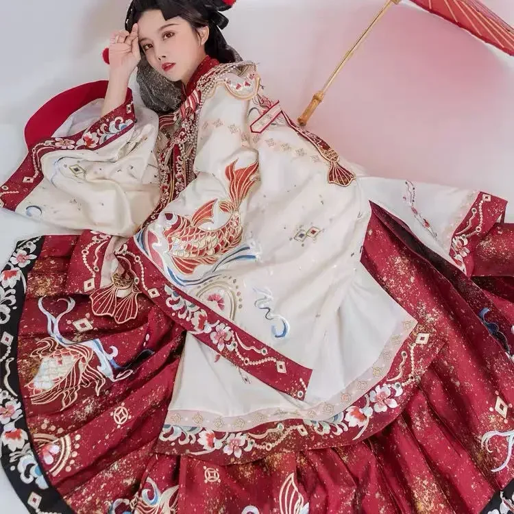 Traje de vestido tradicional chinês para mulheres, vestido bordado da indústria pesada, rosto de cavalo dourado tecido, ombro nuvem, hanfu feminino, 2021