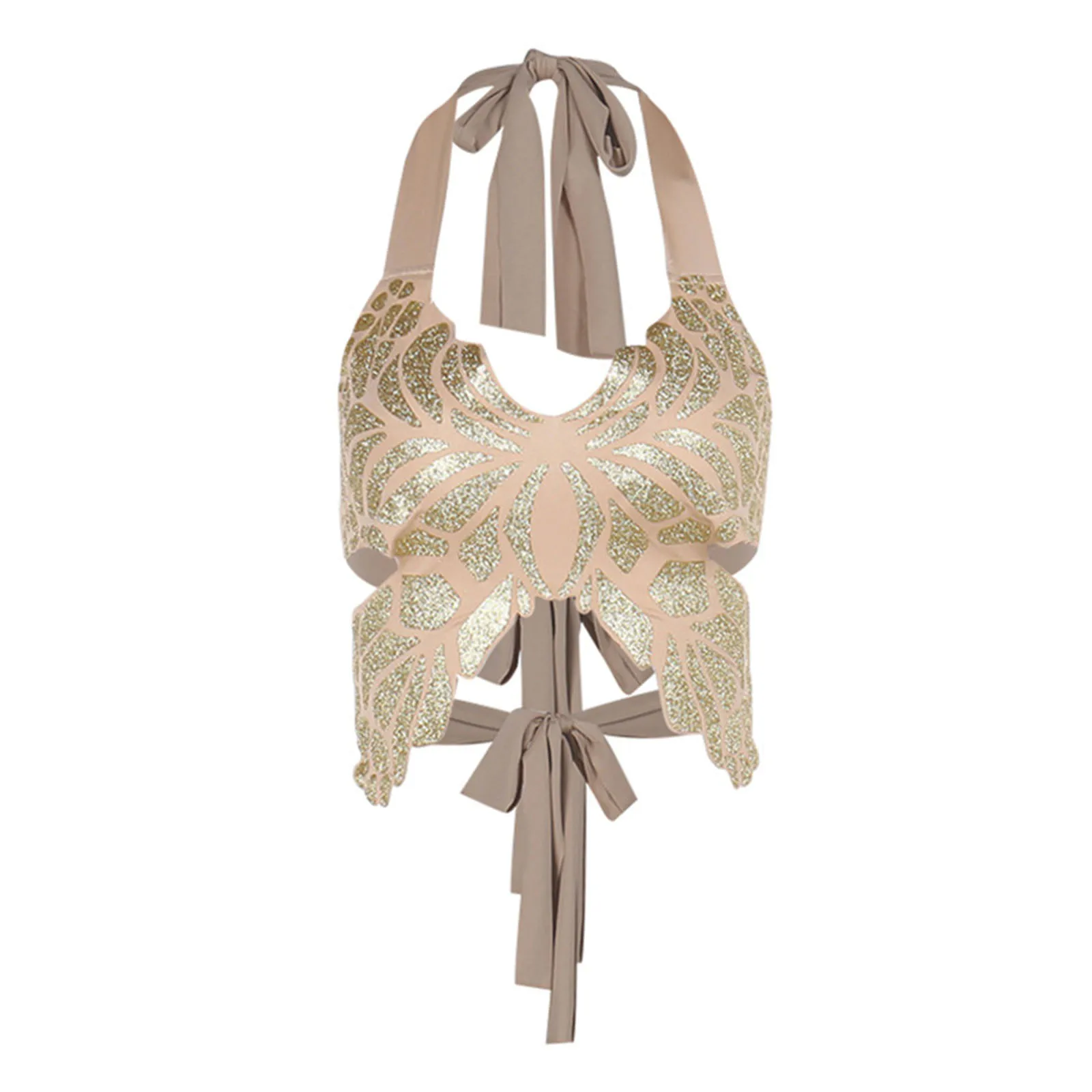 

Womens Shiny Butterfly Crop Top V Neck Sleeveless Backless Lace-up Irregular Camisole Tank Top for Nightclub Vacation Rave Party