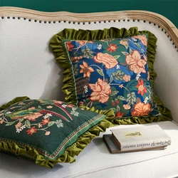 Lotus Leaf Edge Velvet Cushion Cover Flowers Birds Printed Retro Pillow Case No Balling-up Without Stuffing
