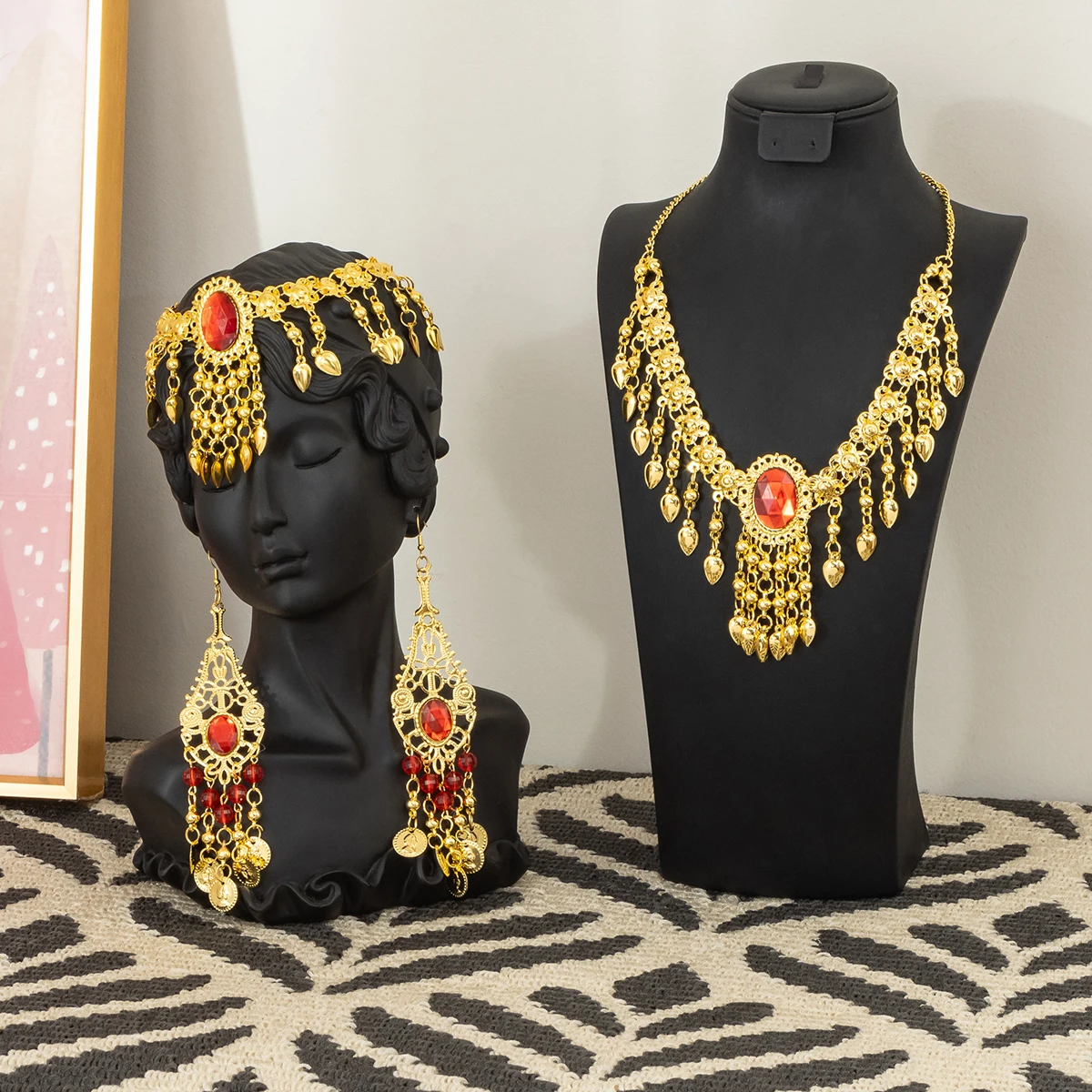 

Belly Dance Jewelry Sets Red Acrylic Crystal Bell Tassel Necklace Earrings Bracelet Hair Accessories for Women