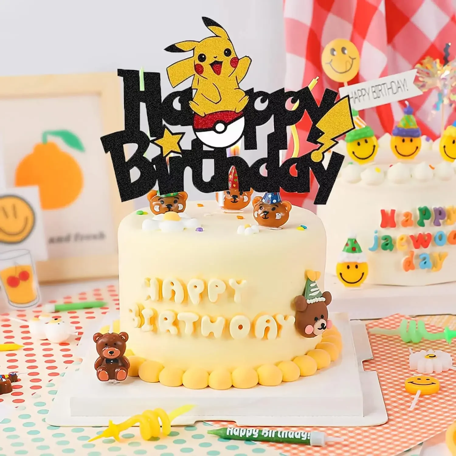 Pokemon Happy Birthday Acrylic Cake Topper Party Decoration Pikachu Cake Decor Flag Baby Shower Baking DIY Supplies Kids Favors