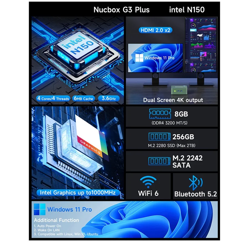 Gmktec G3 Plus N150 Mini PC 4-Core 4-Threads DDR4 Nvme SSD WIFI6 BT5.2 Wins11pro Mini PC Büro Gamer Computer 8 + 256G