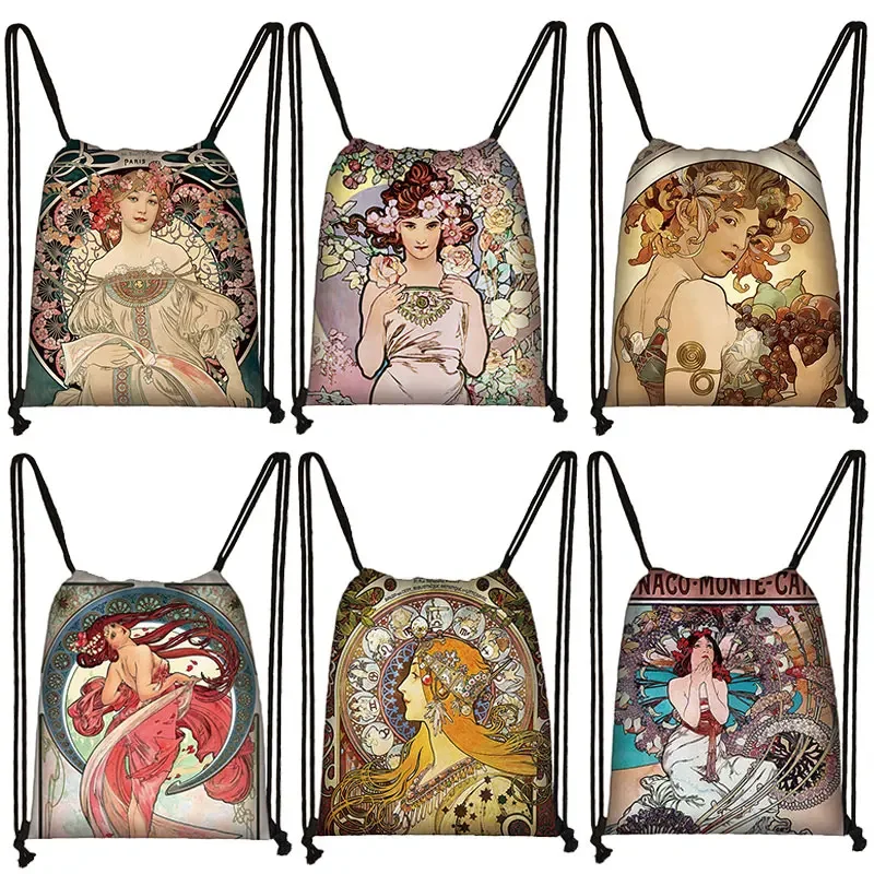 Alphonse Maria Mucha mochila con cordón para mujer, bolsa de almacenamiento al aire libre para zapatos de viaje, soporte para libros, pintura al