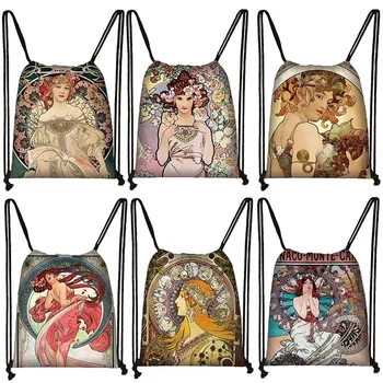 Pintura a Óleo Por Números Mochila para As Mulheres, Cordão Sacos, Saco De Armazenamento Ao Ar Livre, Sapatos de Viagem Titular, Bookbags, Alphonse Maria Mucha