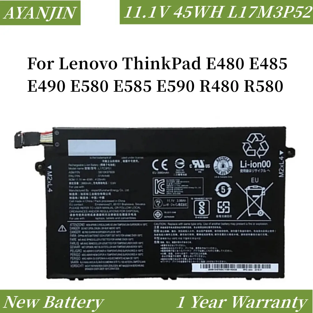 

11.1V 45WH L17M3P52 Laptop Battery for Lenovo ThinkPad E480 E485 E490 E580 E585 E590 R480 R580 L17C3P51 L17M3P51 01AV445