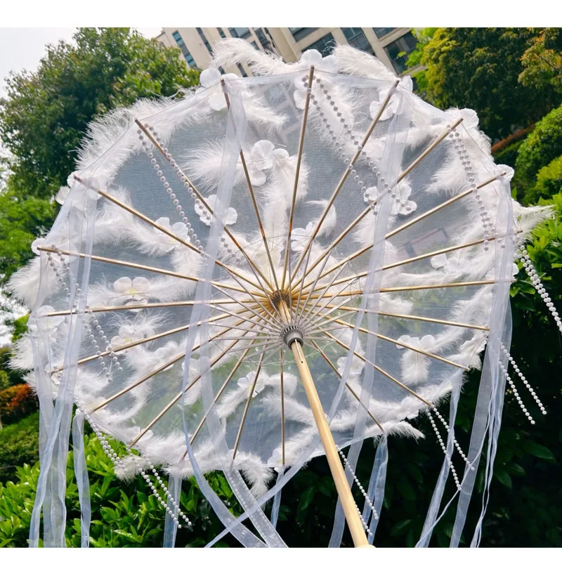 

Белый прозрачный зонт Ханфу с цветком, водостойкий пляжный кружевной зонт с перьями Лолита, пряжа для косплея, зонтик от солнца