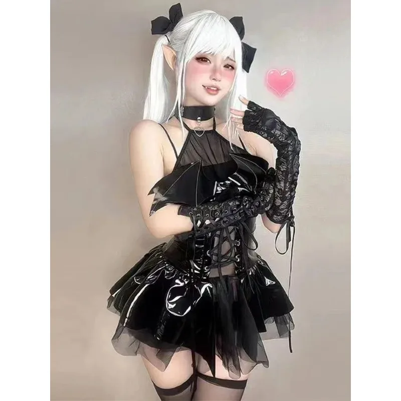 PU Latex Leather Halter Neck Straps Bat Devil Perspective Short Mini Dress Women  Sexy Cosplay Lingerie Punk Y2k Gothic Clothes - view 4