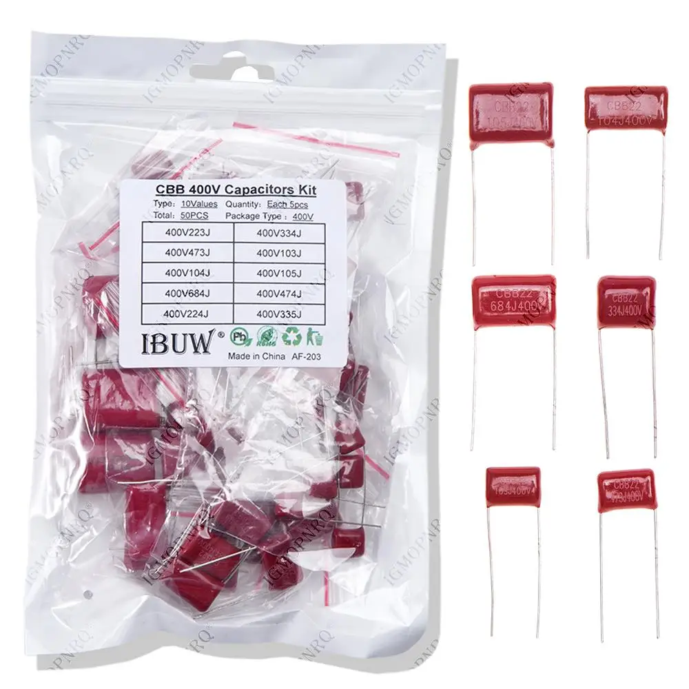 キット 50PC=10 値 * 5 個金属化ポリエステルフィルムコンデンサ CBB 詰め合わせキット 400V 10nF 〜 3.3UF igmopnrq