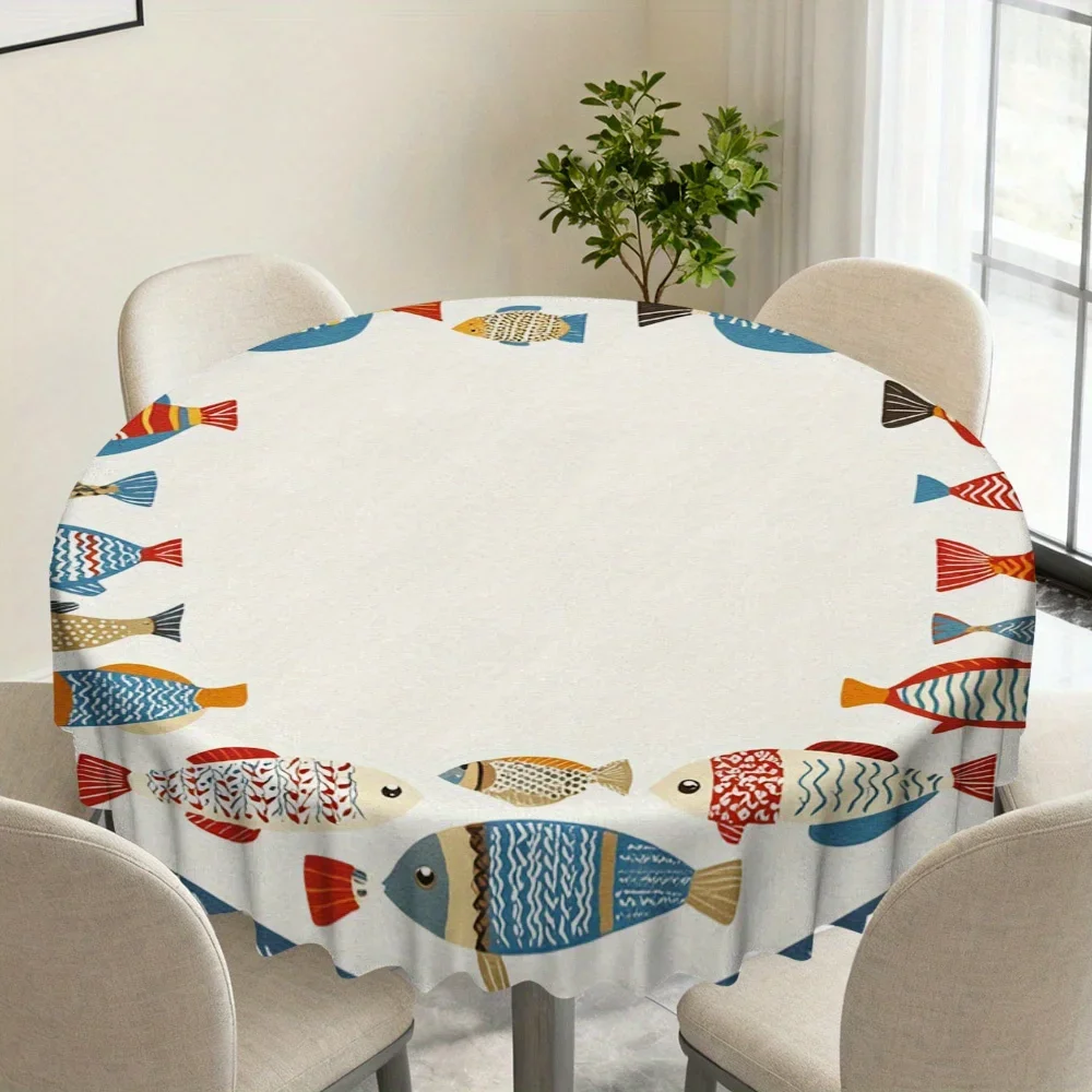 2D flat tablecloth 1 piece  Circular tablecloth, decorated with colorful fish patterns -- specially designed for round tablesxzj