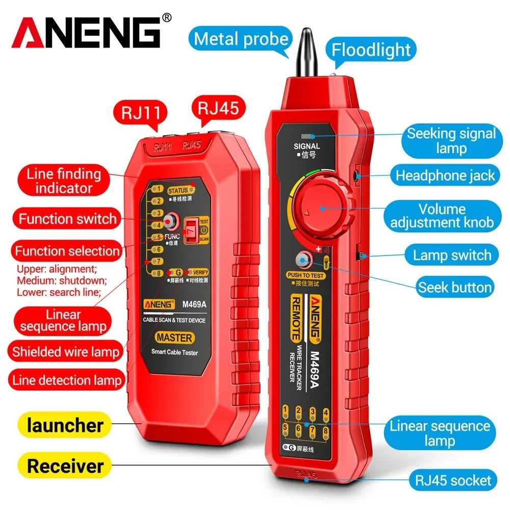 ANENG M469A Network Cable Tracker RJ45RJ11 Network Cable Tester Multifunctional Network Analyzer Telephone Line Detector Tracker