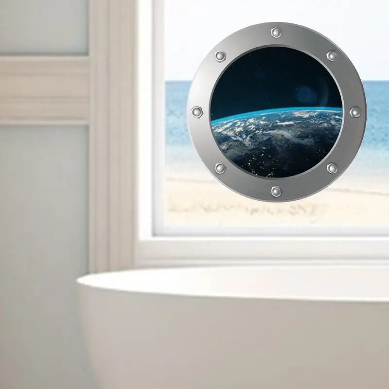 VIKAMA 3D Porthole Earth from Space Window Sticker, Self-Adhesive Peel and Stick Decal, Bathroom Home Decor