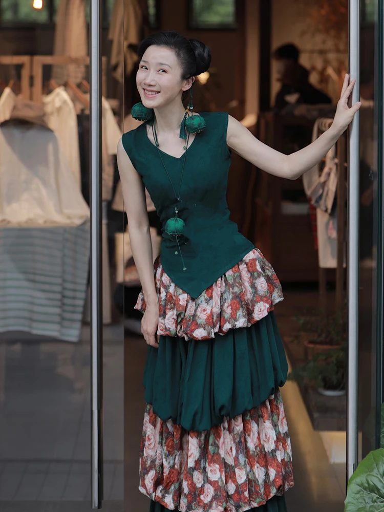 TIYIHAILEY-تنورة نسائية طويلة ماكسي كعكة مرونة الخصر الزهور الخضراء المرقعة طبقات الصيف الربيع 2025 موضة جديدة