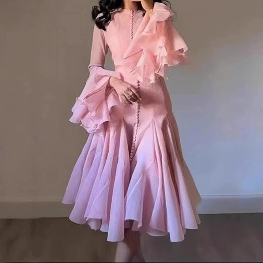 

Vietnamese niche temperament elegant ruffled long skirt female summer new style trumpet sleeve bud skirt mesh dress-GZXX168