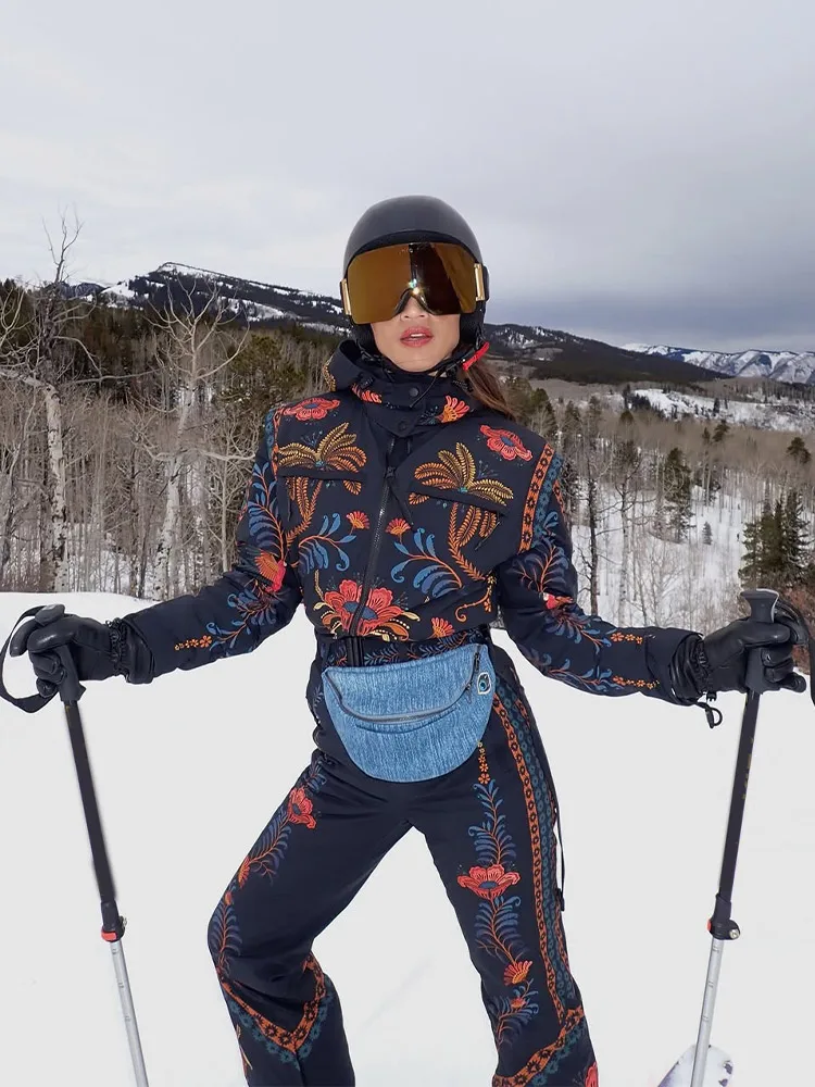2026 Winter Bodysuit For Skiing Stand Collar Printed Zipper Belt Full Sleeve Female Skiwear Fashion Lady Jumpsuit