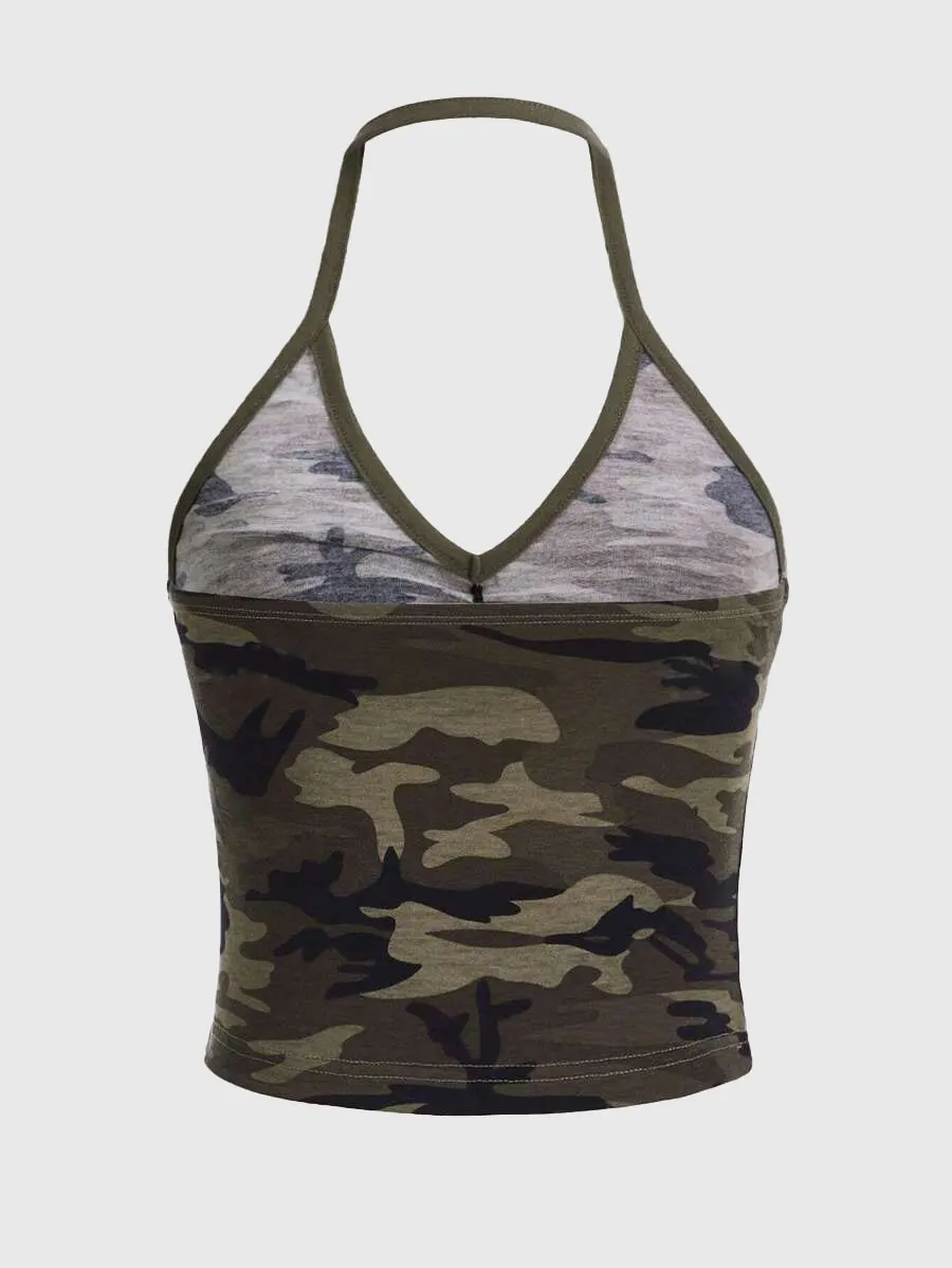 Women Camouflage Print Halter Neck Ruched Crop Top Sexy Sleeveless Form Fitting Tank Top