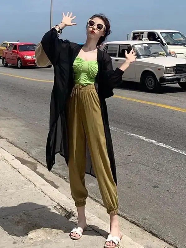 Ultra-Fada Proteção Solar irt Feminino Midi Comprimento Chiffon Cardigan Aberto Estudante Furador Externo Ultrafino Faion Solto S...