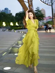 European High-end Temperament Green Chiffon Dress Gentle Style Ruffle Waist Long Skirt