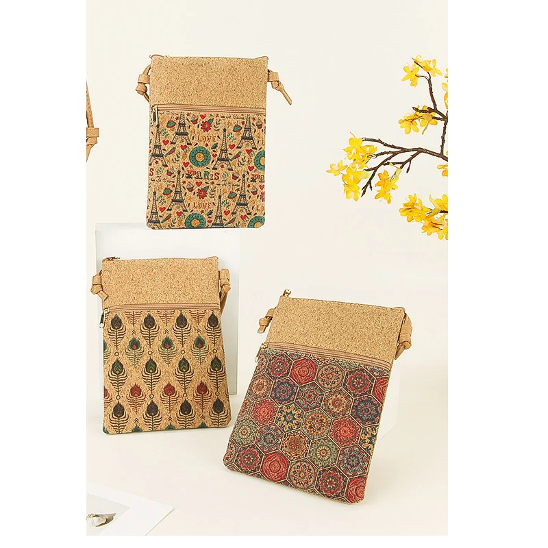 8pcs Crossbody Bags Women Cork Leather Feather Flower Printing Patchwork Cellphone Bag